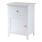A white nightstand with two drawers and a door, providing practical storage for bedroom essentials.
